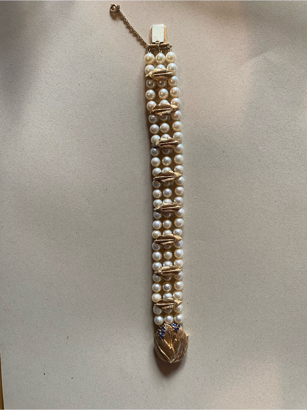 Pearl & 14 K Gold Multi-Strand Bracelet with Leaf Clasp
